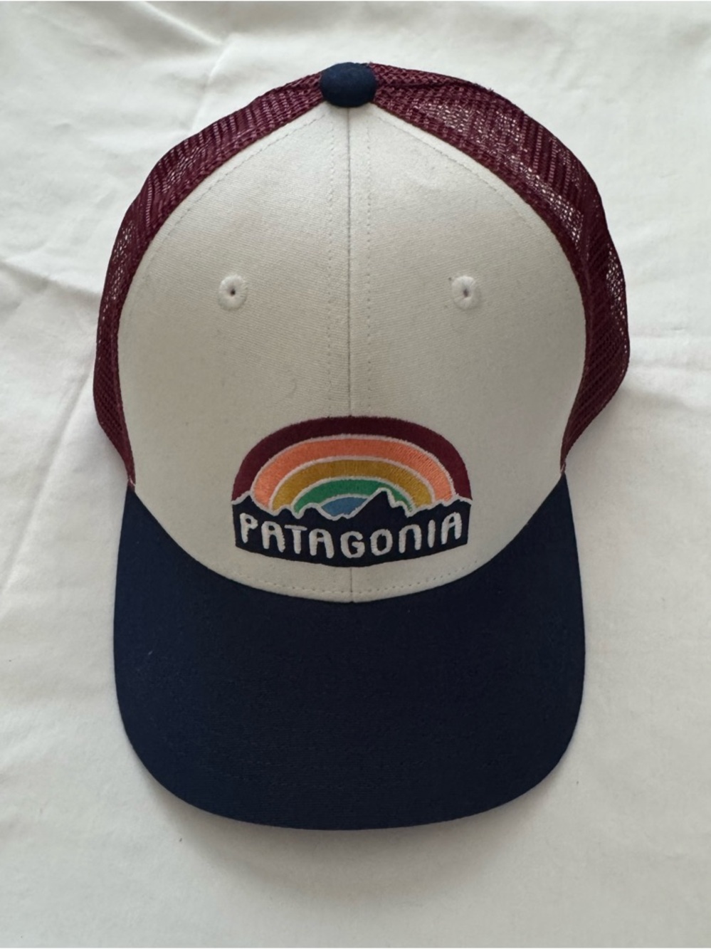 Patagonia Kids Cream, Maroon & Navy Trucker Hat with Rainbow Patch
